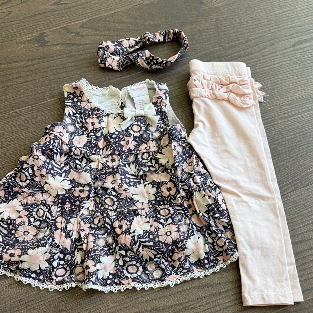 Floral & Light Pink Girls Matching Set with Headband